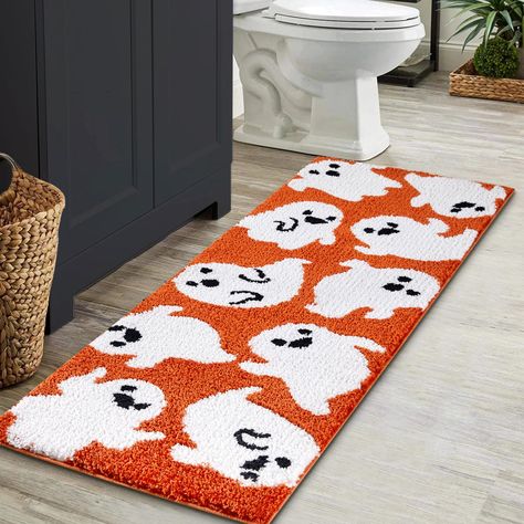 PRICES MAY VARY. -- SPOOKY BATH RUNNER HALLOWEEN BATHROOM DECOR -- The ghost bathroom runner's design is undeniably cute and adds a playful and charming touch to your bathroom decor It's a fun and whimsical piece that never fails to bring a smile to anyone who enters the room. Moreover, it will seamlessly complements your spooky decor theme, creating a slightly eerie ambiance. -- NON SLIP HALLOWEEN BATH MAT WITH HEAVY DUTY RUBBER BACKING -- The backing is actually a very important part which cle Home Goods Halloween Decor, Halloween Camper Decor, Ghost Theme Halloween Decorations, Halloween Apartment Door Decor, Aparmtnet Decor, Whimsical Halloween Decor, Halloween House Decoration Indoor, Small Apartment Fall Decor, Halloween Decorations For Bedroom