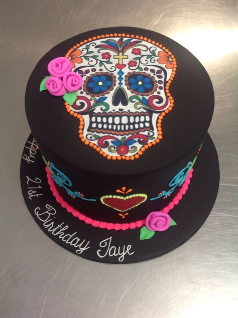 Day of the Dead, skull, Halloween theme cake - Day of the dead, skull, Halloween themed cake with fluoro icing and edible image skull Sugar Skull Birthday, Skull Cakes, Sugar Skull Cakes, Day Of The Dead Cake, Halloween Torte, Den Mrtvých, Skull Cake, Cake Day, Gateaux Cake