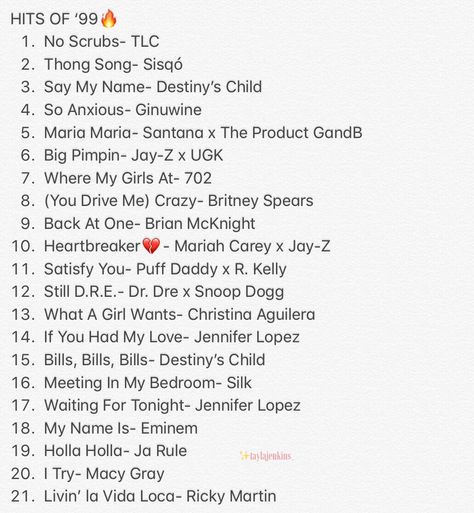 Let me take you back to circa 1999 with this list of talented, versatile artists who had the most infectious beats & lyrics that year🎶💭✨ Comment some faves you may know, or songs I don’t have listed! #music #playlist #90s #musician #lyrics #1999 #songs #art #iconic #hiphop #pop #list #artists #feels #throwback #throwbackthursday 90 Songs Playlist, 90s Hip Hop Songs, 90s Hip Hop Playlist, 90s Rap Playlist, Old School R&b Playlist, 90’s Playlist, Old School Music Playlist, 90s Rnb Playlist, 90s Playlist Names