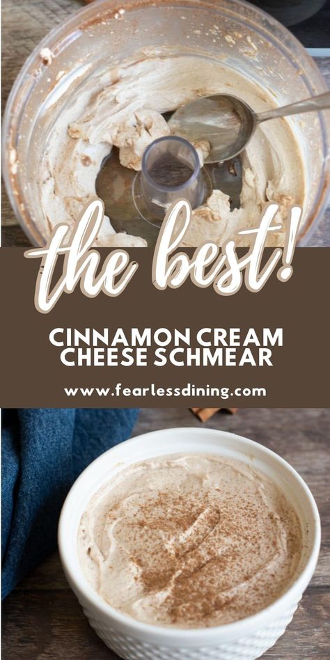 You will love how easy this homemade creamy cinnamon cream cheese spread is. No bagel or sweet potato toast is complete without a good schmear. Top sweet potato toast, or dip fruit into this sweet maple cinnamon cream cheese dip. www.fearlessdining.com Diy Flavored Cream Cheese, Sweet Bagel Toppings, Bagel Schmear Recipe, Bagel Spread Recipes, Cinnamon Bagels, Cream Cheese Spread Recipes, Bagel Spread, Homemade Breakfast Recipes, Healthy Cream Cheese