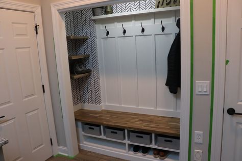 How I Turned This Closet into a Mudroom! Coat Closet Converted To Mudroom, Hall Closet Mudroom Makeover, Closet Turned Into Bench, Closet Turned Into Cubbies, Entry Closet With Bench, Hall Closet Mudroom Entrance, Turn Entry Closet Into Bench, Closet Turned Into Mudroom With Bench, Built In Closet Mudroom