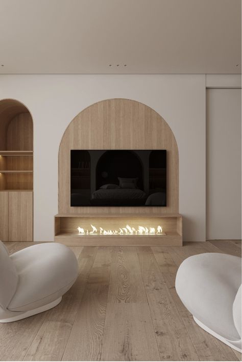 Arch Recess In Wall, Arch Living Room Wall, Japandi Living Room Design Tv Wall, Japandi Tv Unit Design, Arched Tv Wall Design, Curved Media Wall, Arched Tv Built In, Arch Media Wall, Arched Tv Wall