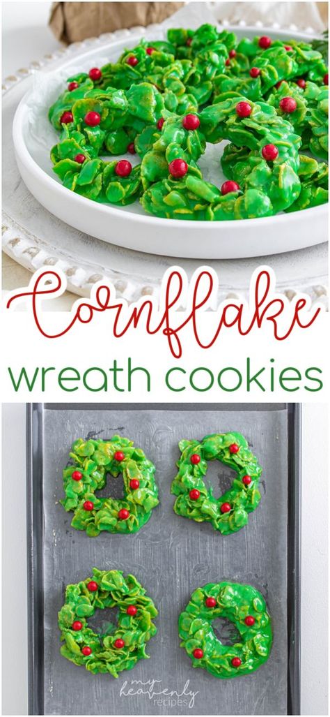 Cornflake Wreath Cookies Recipe- ooey gooey marshmallow goodness with a crunch from the cornflakes! Easy christmas dessert idea. Favorite xmas holiday treat to make for the kids. Fun christmas cornflake wreaths. Marshmallow Christmas Treats, Christmas Wreath Dessert, Cornflake Wreaths, Cornflake Cookies Recipe, Easy Christmas Dessert, Christmas Baking Easy, Christmas Wreath Cookies, Winter Snack, Xmas Desserts