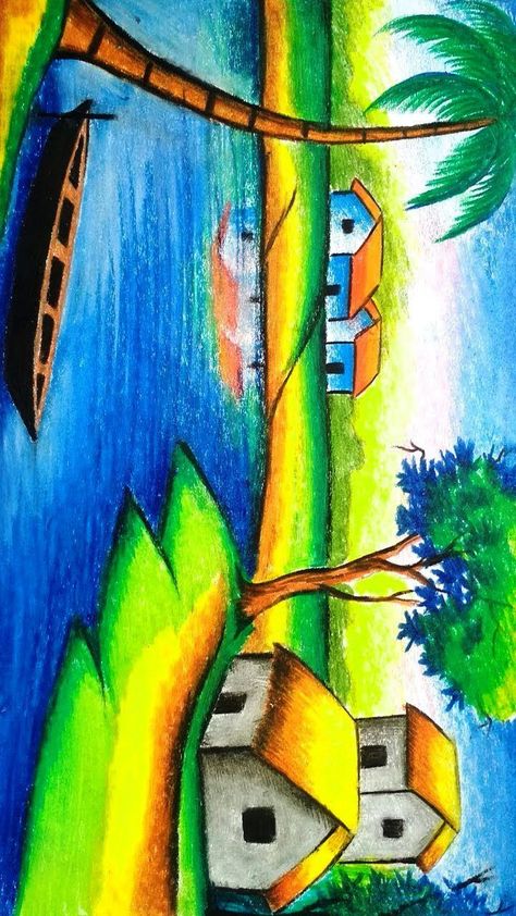 Village Scenary Drawings, Nature Drawing With Crayons, Senary Drawing Kids, Easy Senary Drawings, Scenary Drawings For Kids, Beautiful Scenery Drawings Easy, Intermediate Drawing, Nature Drawing For Kids, Beautiful Scenery Drawing