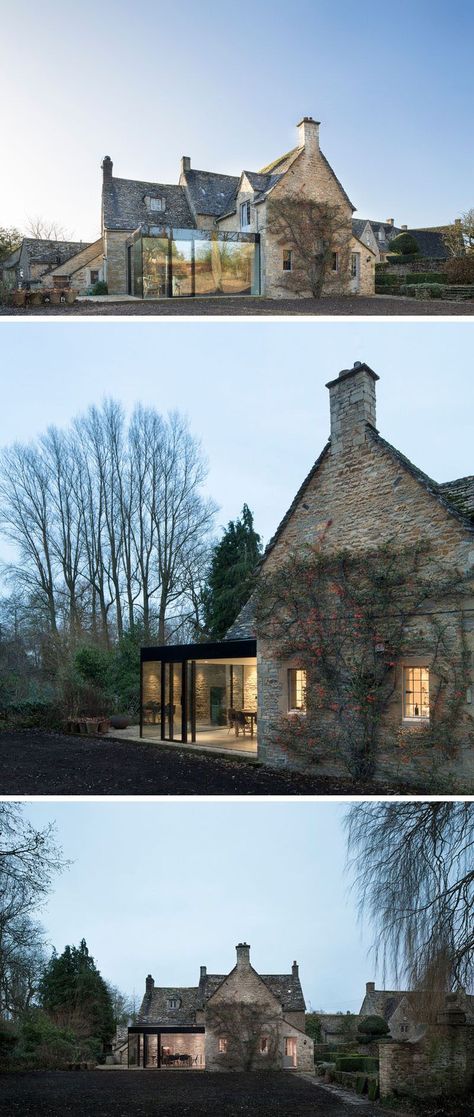 14 Examples Of British Houses With Contemporary Extensions // A traditional stone house got a contemporary extension built from glass windows and black steel that created a modern dining area still connected to the rest of the stone home. Architecture Extension, British Houses, British Homes, Glass Extension, British Home, Modern Extension, Old Stone, Stone Houses, House Extensions