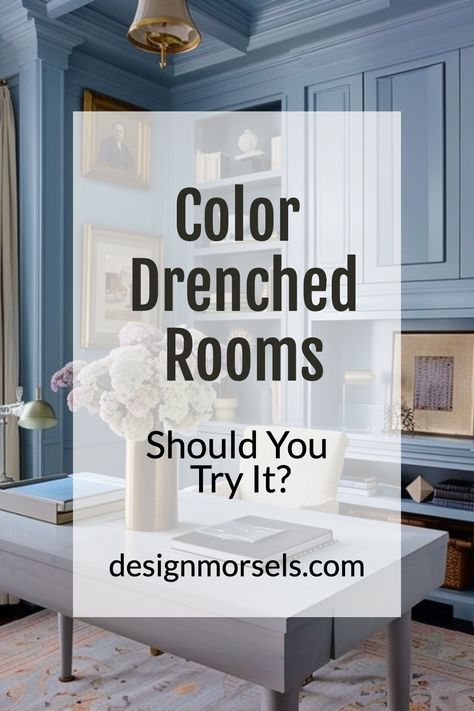 color drenched rooms should you try it All Blue Painted Room, Interior Wall Colors Living Room Modern, Cool Bedroom Paint Colors, Wall And Furniture Same Color, Dark Wood Floors And Paint Colors, Studio Apartment Color Ideas, Painting My Walls Ideas, French Blue Living Room Walls, Dining Room Painted All One Color