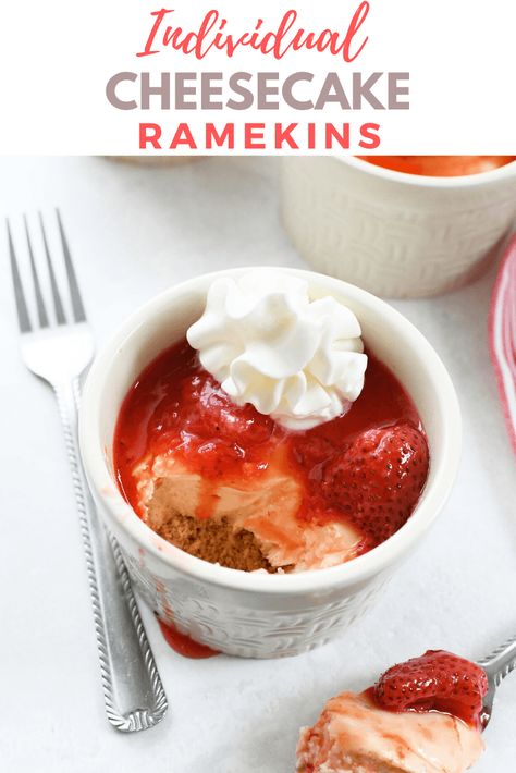 These personal sized individual cheesecakes make the perfect dessert! It's a classic cheesecake recipe baked over graham cracker crumbs and topped with a homemade strawberry compote. This recipe is perfect for those who want to control portions or make cheesecake without a springform pan! #cheesecake #springform #cheesecakerecipe #strawberry #valentinesdaydessert #strawberry #minicheesecake #ramekins #desserts  via @sizzlingeats Desserts In Ramekins, Ramkin Recipes, Ramekin Dessert, Ramekin Recipe, Make Cheesecake, Individual Cheesecakes, Ramekin Dishes, Recipe For 1, Small Batch Baking