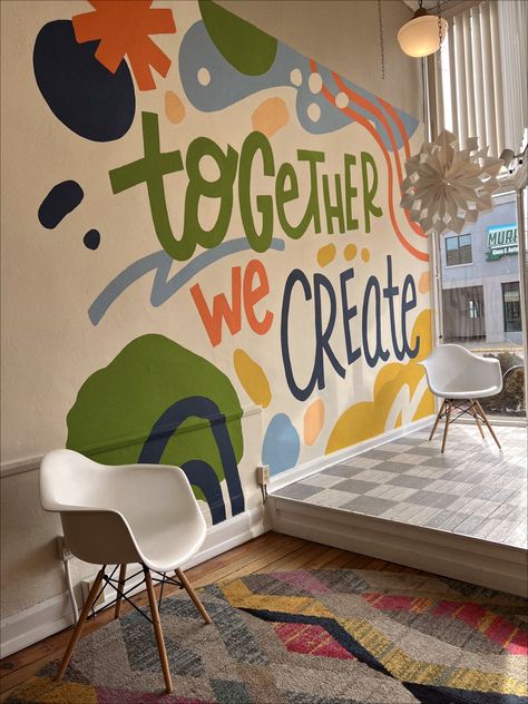 Monochromatic Mural Wall Art, Art Room Wall Mural, Mural Art For School, Corporate Murals Office Designs, Inspirational Wall Mural, Interactive Mural Wall, Classroom Murals Preschool, Creative Mural Art, Class Mural Ideas