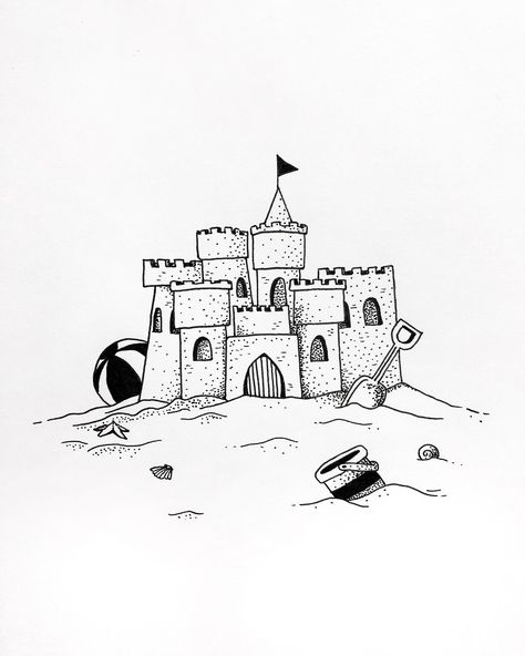 #inktober #sandcastle #drawing #illustration #ink #sand #castle #beach #summer #hot #sun #fun Sand Castle Ideas, 500 Drawing Prompts, Castle Cartoon, Castle Ideas, Sand Drawing, Castle Tattoo, Castle Illustration, Castle Drawing, My Art Style