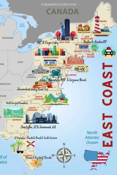 15 East Coast USA Road Trip Itinerary Ideas - tosomeplacenew Road Trip Routes United States, East Coast Summer Vacation, East Coast Vacations, Northeast Road Trip, Road Trip East Coast, New York Road Trip, East Coast Travel Destinations, Rv Travel Destinations, East Coast Vacation