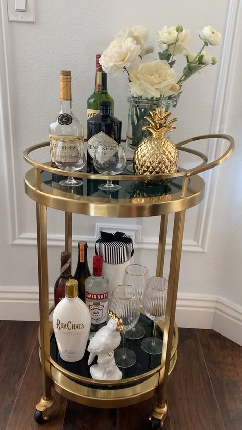 Round Drinks Trolley Styling, Round Bar Cart Decor, Bar Table Home, Drink Trolley Styling, Gold Bar Cart Styling Ideas, Bar Table Ideas For Home, Alcohol Trolley Bar Ideas, Gold Drinks Trolley, Alcohol Cart Ideas