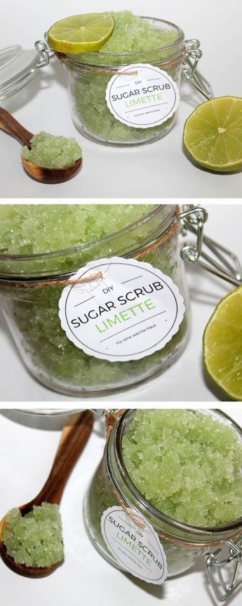 DIY Sugar Scrub / Zuckerpeeling Limette + Anleitung: DIY, Basteln, Selbermachen, Geschenke, Geschenkidee, Deko, Dekoration, Dekorationsidee, Kosmetik selber machen, Körperpeeling selbermachen, Beauty, Beauty Geschenke, Sugar Scrub, Zuckerpeeling, Tutorial, Etiketten, Free Printable, kostenloses Etikett... Diy Gifts For Christmas, Diy Sugar Scrub, Sugar Scrub Diy, Diy Scrub, Sugar Scrubs, Diy Cosmetics, Cadeau Diy, Diy Coasters, Limes