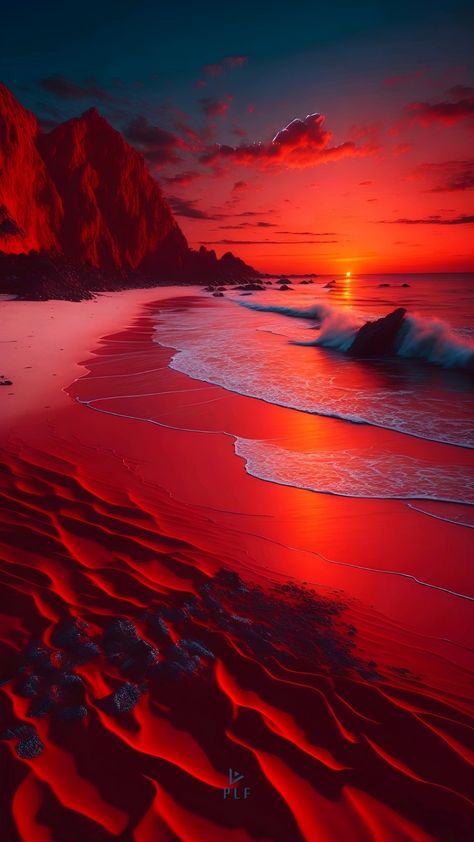 A red beach, 8k, vivid colors, red, sunset, 3D style Red Beach, Scenic Photos, Red Sunset, Pretty Landscapes, Ocean Wallpaper, Amazing Nature Photos, Pinturas Disney, Beach Wallpaper, Sunset Wallpaper