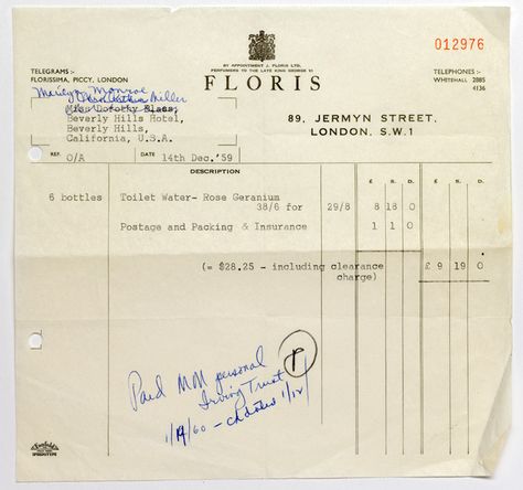 Marilyn Monroe/aka Norma Jean Baker's order from Floris for the 'Rose Geranium'Toilet Water she had ordered.Winston Churchill used Floris fragrances.Queen Victoria was given a signature fragrance by Mr Floris upon her marriage to Prince Albert in 1840.It was known as the Queens Bouquet-& released for public purchase in 1860;it is still in production now!Floris still provides fragrances for everyone from the Royal family to international celebrities today. C.House of Floris History,Perfume Societ Marilyn Monroe Beauty, The Beverly Hills Hotel, Gentlemans Club, Candle In The Wind, Beverly Hills Hotel, Chanel No 5, Some Like It Hot, Signature Fragrance, Rose Geranium