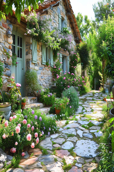 Lush garden with blooming hydrangeas and a charming stone cottage. French House Garden, Cottage Garden Walkway, Country Cottage Inspiration, Mediterranean Cottage Garden, French Country Gardens, French Garden Ideas, Cottage Garden Inspiration, Garden Inspiration Ideas, Cottage Landscaping