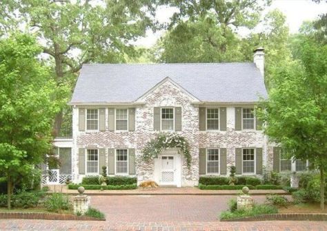 What is the difference between all the various wash types?  German smear, limewash, whitewash, etc. Whitewash Brick House, White Wash Brick Exterior, Brick Restoration, White Brick House, Dream House Country, Lime Wash Brick, German Schmear, Green Shutters, Painted Brick House