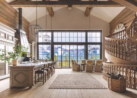 Beam Vaulted Ceiling, Old World Interior Design, Swiss Interior Design, Swiss Interior, Old World Interiors, Old World European, Transitional Kitchen Design, Swiss Chalet, Wood Floor Kitchen