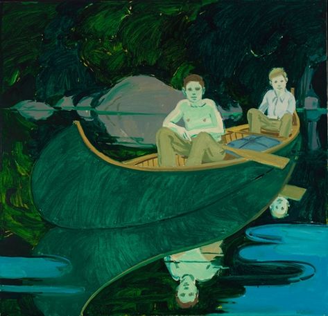 "Two Boys in a Canoe," Neil Welliver, 1966-1969, oil on canvas,  80 x 83 3/8", Portland Museum of Art. Dana Schutz, Portland Museum Of Art, London Painting, Louisiana Museum, Unusual Art, British Artist, Large Painting, Figurative Art, Contemporary Paintings