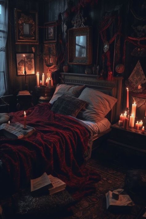 Witchy Bedroom Ideas, Gothic Bedroom Ideas, Witch Bedrooms, Witchy Bedroom, Goth Bedroom, Gothic Bedroom, Dark Bedroom, Dark Home Decor, Dark Home