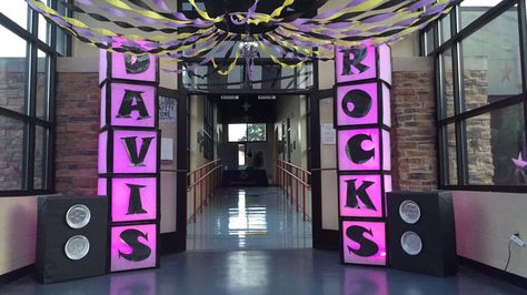 Rock N Roll Float Ideas, Rock And Roll School Hallway, Rock Star School Theme, Rock And Roll Parade Float Ideas, Rock Your School Day Themes, Rock N Roll School Theme, Rock And Roll School Theme, Rock Your School Day Ideas, Start The Party Vbs Decorations