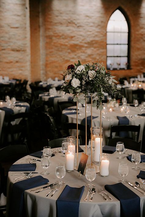 Classic Blue Wedding Table Decor, Grey Wedding Tablecloth, Wedding Decor Ideas Table Setting, Navy Blue And Grey Wedding Centerpieces, Dark Blue Wedding Table Decor, Dark Blue Wedding Table Setting, Champagne And Navy Blue Wedding Decor, Navy Blue And Gold Reception Decor, Navy And Pearl Wedding