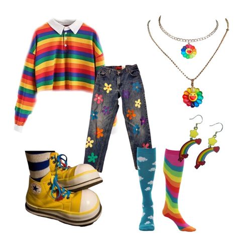 Unusual Outfits Ideas, Kidcore Style Outfits, Werid Core Outfits, Clowncore Fashion Male, Nostalgiacore Outfit, Weirdcore Outfits Aesthetic, Rainbow Aesthetic Outfit, Dreamcore Aesthetic Outfits, Rainbowcore Outfit