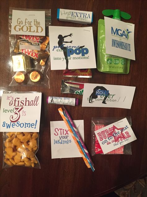 Competition Treats Good Luck, Gymnastics Favors Goody Bags, Gymnastics Spirit Gifts, Gymnastics Treats Good Luck, Good Luck Gifts For Gymnasts, Gymnastics Goody Bag Ideas, Gymnastic Goodie Bag Ideas Team Gifts, Gymnastics Gift Ideas Goodie Bags, Dance Competition Team Gifts