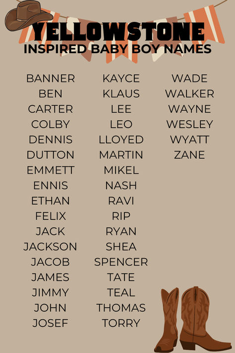 We all LOVE a good country little boy name and what better than having it be from the hit series - YELLOWSTONE! Western Boy Names List, Livestock Names, Country Last Names, Country Names For Boys, Cute Country Names, Country Baby Names First And Middle, Western Boy Names, Baby Names Southern, Country Baby Boy Names