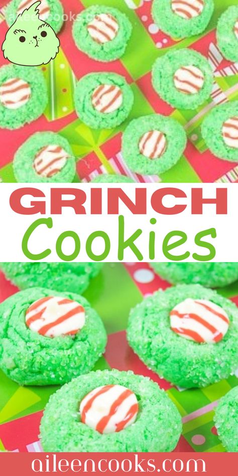 How fun are these Grinch cookies with kisses? They are grinch blossom cookies made with green cookie dough, coated in green sugar, and topped with a striped Hersheys kiss. I love making this easy grinch cookies recipe for Christmas Eve night! Grinch Kiss Cookies, Christmas Cookie Aesthetic, Cookies With Kisses, Easy Grinch Cookies, Grinch Christmas Cookies, Grinch Cookies Recipe, Creative Cookery, Christmas Cookie Dough, Green Cookies