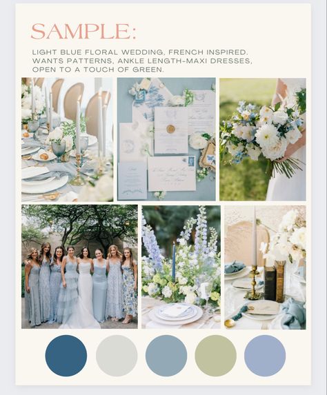 Wedding Color Schemes Light Blue, Summer Color Wedding Colour Palettes, Dusty Blue And Sky Blue Wedding, Coastal Wedding Colors Colour Palettes, Wedding Blue Color Palette, Blue Color Palette For Wedding, White Wedding Colour Palettes, Classy Wedding Palette, Calm Wedding Theme