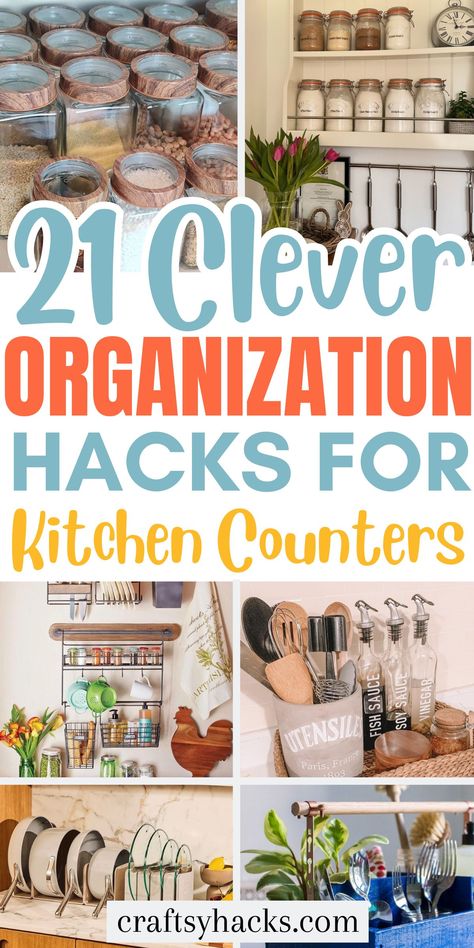 Transform your kitchen counter tops with these smart kitchen organization ideas! Discover organization hacks and storage solutions to keep your kitchen organized. Organizing Countertops Kitchen, Kitchen Sink Strainer Ideas, Kitchen Catch All Organization, Kitchen Counter Ideas Organizing, Kitchen Bar Organization Ideas, Organizer Ideas For Kitchen, Food Shelf Organization, How To Organise A Pantry, Kitchen Countertops Organization Ideas