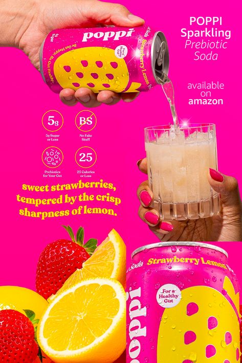 POPPI Sparkling Prebiotic Strawberry Lemon Soda w/Gut Health & Immunity Benefits, Beverages made with Apple Cider Vinegar, Seltzer Water & Fruit Juice, Low Calorie & Low Sugar Drinks, 12oz (12 Pack) Vinegar Packaging, Prebiotic Soda, Soda Ads, Juice Ad, Water Fruit, Soda Bar, Beverage Poster, Tea Packaging Design, Seltzer Water