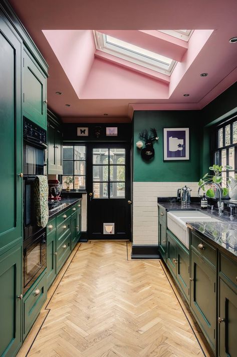 A Green Kitchen with Pink Ceiling in a Colorful London Home 1 Green Room Pink Ceiling, Colour Saturation Interior, Pink And Green Dining Room, Edwardian Terrace House, Kitchen Ceiling Design, Moody Kitchen, Pink Ceiling, Best Of 2022, Dark Green Kitchen