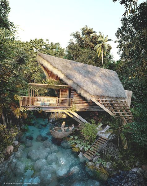 House Near River, Jungle Retreat, Eco Retreat, Grass Roof, Human Dimension, Ticket Booth, Community Hub, Riverside House, Resort Architecture