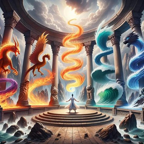 4 Elements Drawing, Fire Fantasy Art, Element Spirit, Mythical Creatures Fantasy, Elemental Magic, Spiritual Artwork, Dragon Pictures, Celestial Art, Mythical Creatures Art