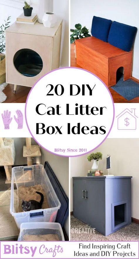 Kitty Litter Box Ideas Diy, Diy Cat Bathroom, Creative Cat Litter Solutions, Hiding Cat Litter Box Ideas Diy, Diy Covered Litter Box Ideas, Diy Enclosed Cat Litter, Diy Enclosed Litter Box Ideas, Wooden Cat Litter Box Cover Diy, Cat Liter Container Ideas