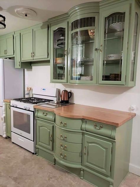 China cabinet repurposed for use in the kitchen as upper and lower built-in cabinets. Photo credit: Jill Bertoni China Hutch Repurposed, Repurposed China Cabinet, Repurposed Hutch, Repurposed China, Repurposed Kitchen, China Hutch, Home Coffee Stations, Wood Counter, Upper Cabinets