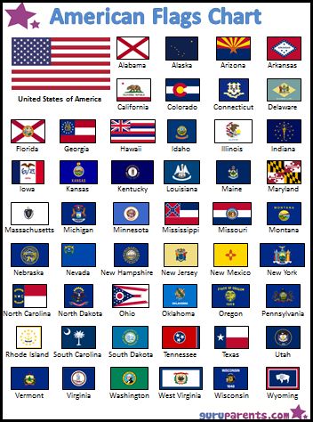 American Flags Chart: A colorful chart with the 50 United States Flags. Explore the history and geography of America with this free, printable chart showing the variety of flags of each of the fifty states. Us Geography, States And Capitals, Homeschool Geography, United States History, Printable Chart, United States Flag, American Flags, Homeschool History, Flags Of The World