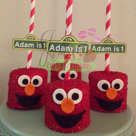 Elmo chocolate covered marshmallows Elmo Treats 1st Birthdays, Elmo Treats, Seaseme Street Birthday Party, Sesame Street Birthday Party Ideas Boy, Elmo Birthday Party Boy, Sesame Street Birthday Cakes, Elmo Birthday Cake, Elmo First Birthday, Covered Marshmallows