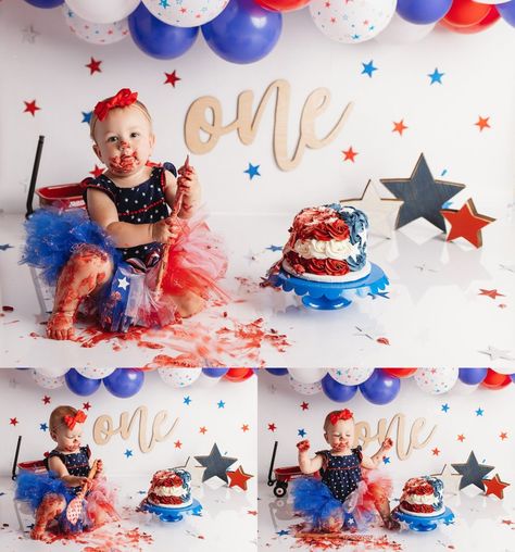 Fireworks First Birthday, Red White Blue Smash Cake, Fourth Of July Smash Cake, July Birthday Themes, July First Birthday Party Girl, 4th Of July First Birthday Girl, Our Little Firecracker Is Turning One, July 1st Birthday Party Ideas, 4th Of July 1st Birthday Party Girl