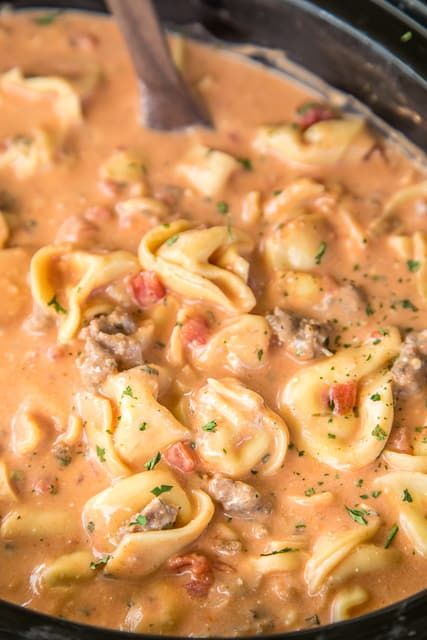 Creamy Crockpot Tortellini Soup, Chicken Tortellini Soup Recipes Crockpot, Tortellini Soup Easy Quick, Tortelinni Soup Crock Pot, Tortellini Crock Pot Soup, Tomato Soup Leftover Ideas, Stove Top Sausage Tortellini Soup, Cheese Tortilini Soup Recipe, Easy Soup For A Crowd Crock Pot