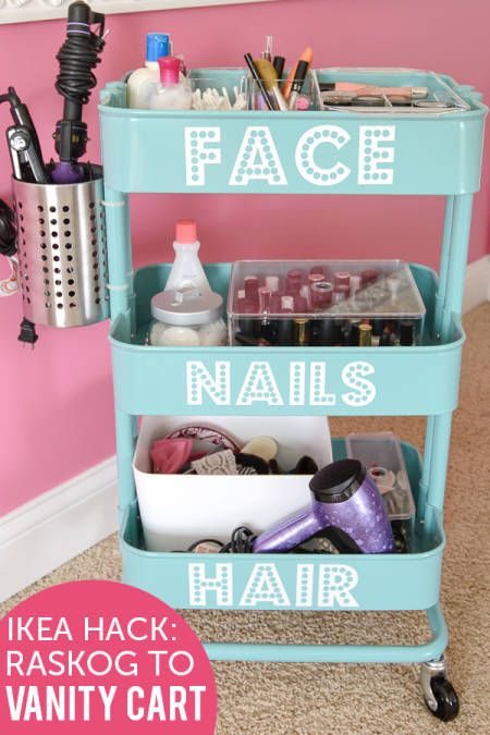 Rolling Vanity - I like the idea of attaching the metal tin for the hair tools. I never know what to do with those. Vanity Cart, Raskog Ikea, Ikea Raskog, Face Nails, Hiasan Bilik Tidur, Apartment Stuff, Bedroom Idea, Makeup And Hair, Hacks Diy