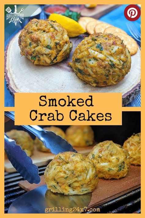 Simply delicious. These Maryland-style smoked crab cakes are everything you want and more making them the perfect lunch or dinner recipe. Smoked Crab Cakes, Grilled Crab Cakes, Bge Recipes, Smoked Appetizers, Cooking Crab, Tailgate Snacks, Crab Cake Recipes, Easy Grilling Recipes, Crab Cake Recipe