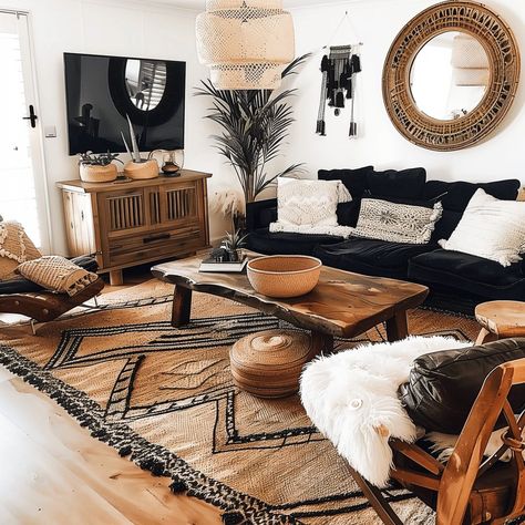 Black And Brown Apartment Aesthetic, Black Brown Living Room Ideas, Western Gothic Living Room, Black And White Aesthetic Living Room, Black And Beige Living Room Modern, Black Brown Living Room, Black Sofa Living Room Ideas, Brown And Black Living Room, Black And White Boho Living Room