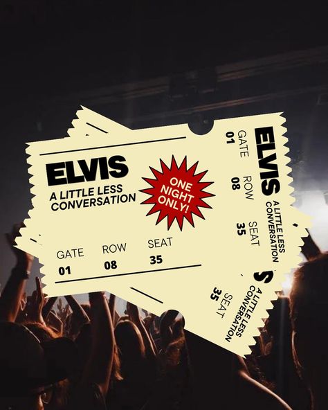 graphic design for concert tickets at a music venue like Madison Square Garden (MSG) — if Elvis were to perform today, might these be what the tix look like?✨ Tickets Graphic Design, Concert Invitation Design, Concert Ticket Graphic Design, Music Festival Ticket Design, Concert Branding Design, Music Ticket Design, Ticket Poster Design, Concert Tickets Design, Concert Poster Design Graphics