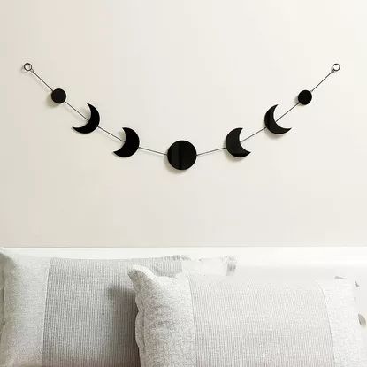 17 Halloween Decorations That Look Chic in Any Season Moon Phase Garland, Moon Phase Wall Hanging, Chic Halloween Decor, Tapestry Quotes, Moon Crafts, Boho Moon, Bohemian Wall Hanging, Moon Decor, Wall Hanging Crafts