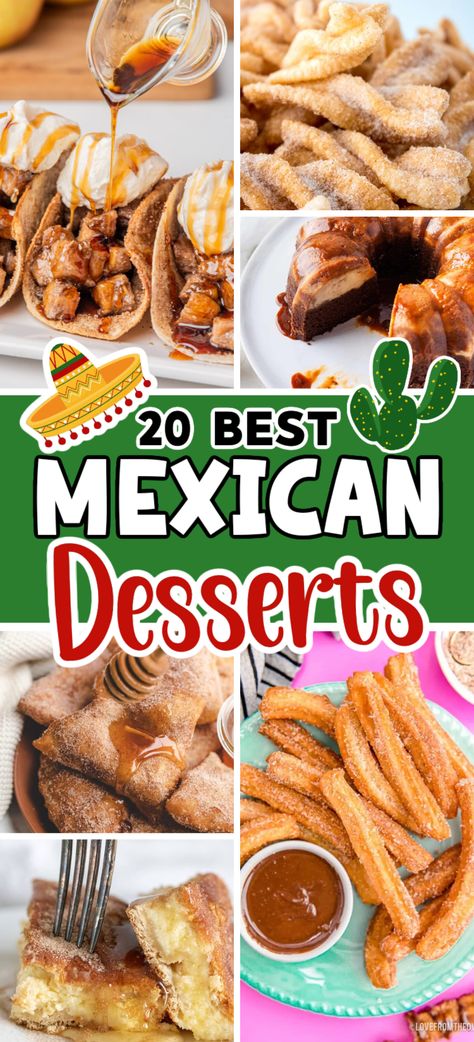 Easy Mexican Dessert Recipes – Treat yourself to 20 of Mexico’s most popular desserts, including the world-famous churros. From churros, to sweet empanadas, to sopapillas and more glorious Mexican desserts. Cinco de Mayo desserts | Mexican Night | Taco Tuesday | Summer Desserts | Cinco de Mayo Dessert Recipes | Mexican Dessert Mexican Treats Desserts, Sweet Empanadas, Desserts Mexican, Mexican Dessert Recipes Easy, Churro Dessert, Traditional Mexican Desserts, Mexican Sweets, Dessert Taco, Mexican Desserts