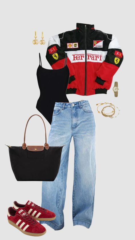 Outfit inspo Ferrari ❤️‍🔥#outfitinspo #ferrarijacket #lowrisejeans Ferrari Jacket Outfit, Ferrari Outfit, Car Outfit, Race Outfit, Race Day Outfits, Jacket Outfit Women, Uni Outfits, Outfit Formulas, Looks Style