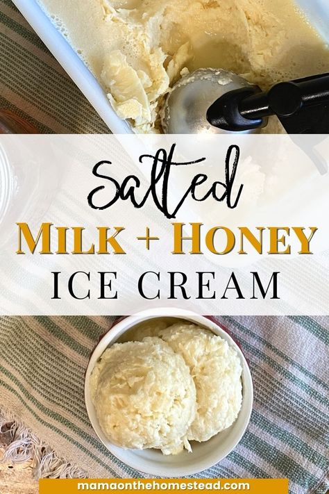 Salted Milk and Honey Ice Cream is my family's favorite frozen treat! Check out the 5 ingredient homemade ice cream recipe for yourself! #homemadeicecream #icecreamrecipe #nochurnicecream #homemadetreat #icecream #milkandhoney #homemaking #homesteading #homesteadkitchen #homesteadmama #summertreat Kitchen Aid Ice Cream Recipes, Homemade Ice Cream Recipe, Ice Cream Recipes Machine, Easy Homemade Ice Cream, Honey Ice Cream, Vanilla Ice Cream Recipe, Comfort Desserts, Ice Cream Maker Recipes, Making Homemade Ice Cream