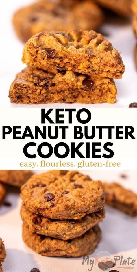 These Keto Peanut Butter Chocolate Chip Cookies are thick, soft, and need only 4 ingredients. No cooling time or mixer is required, so you can bake perfect keto cookies in under 20 minutes. Enjoy soft bakery-style keto peanut butter cookies that are loaded with delicious sugar-free chocolate cookies. Volume Foods, Macro Desserts, Primal Desserts, Low Carb Peanut Butter Cookies, Galletas Keto, Keto Peanut Butter Cookies, Keto Baking, Keto Peanut Butter, Keto Cookie Recipes